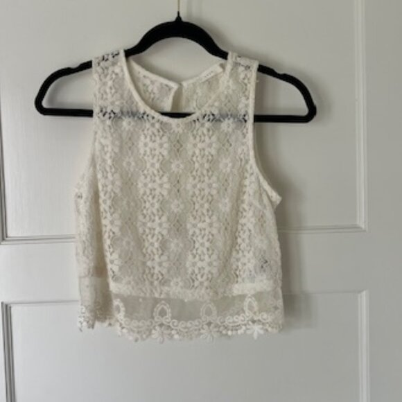 Lush White Lace Crop Top Embroidered Knit, Size Small - Picture 1 of 5